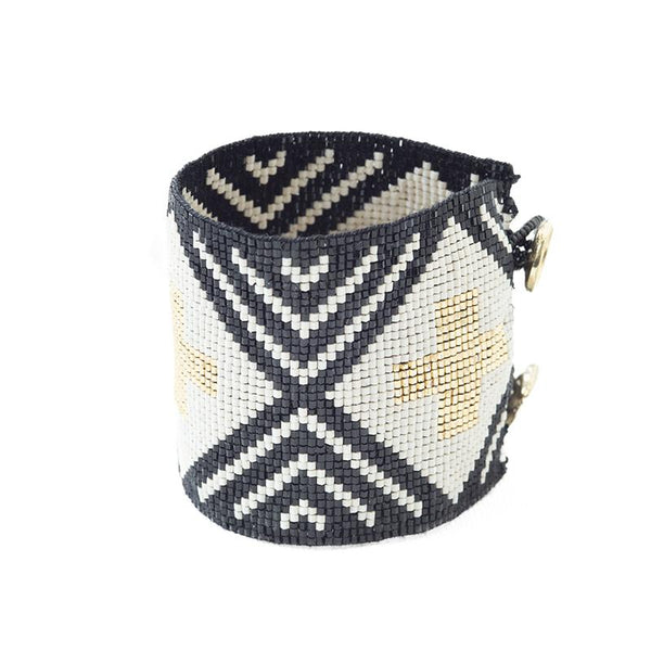 Beaded Cuff - Black & Ivory Stripe With Gold Cross