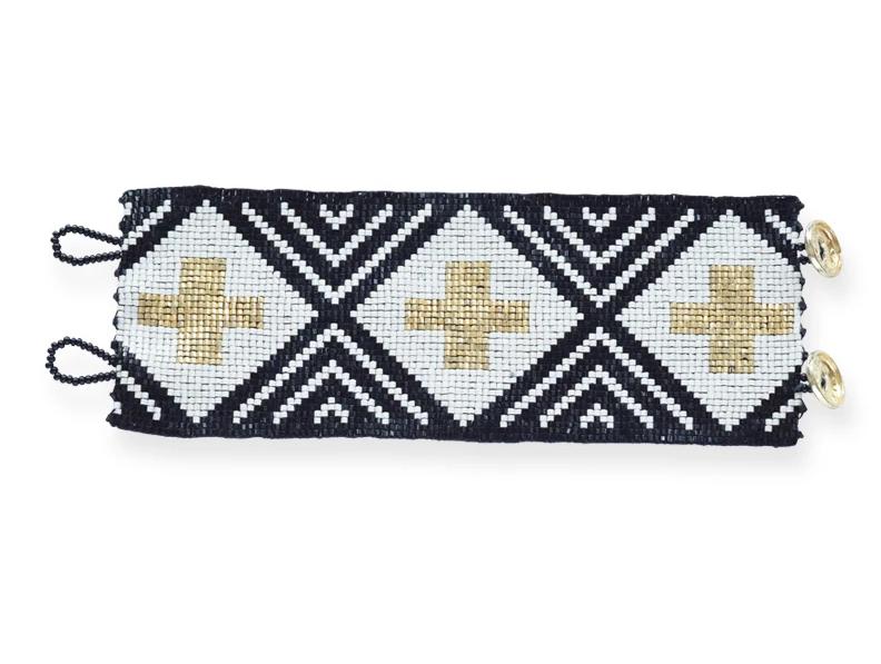Beaded Cuff - Black & Ivory Stripe With Gold Cross